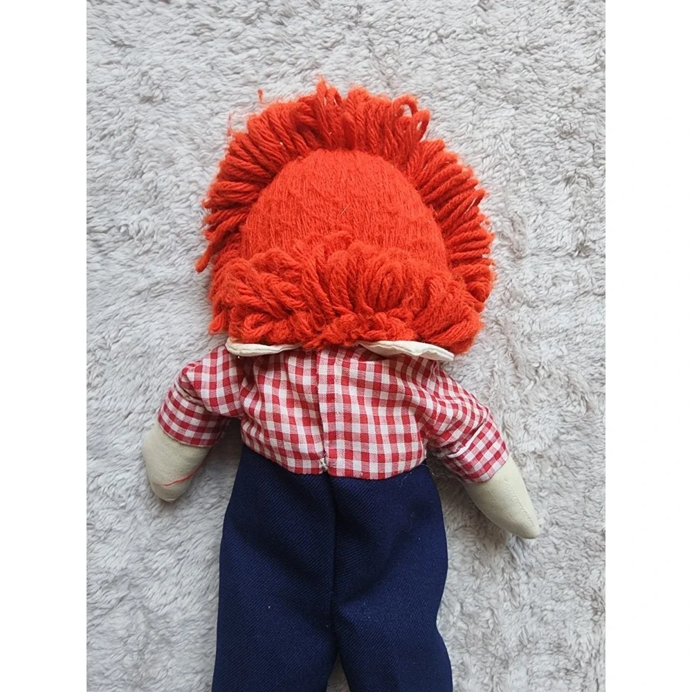 Raggedy Andy Vintage Rag Doll Red Yarn Hair Gingham Shirt Blue Trousers Plush